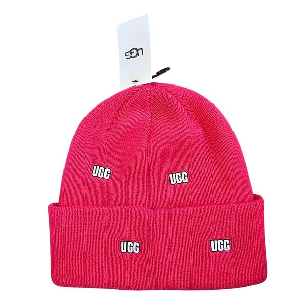 UGG Women's Cerise Pink Scatter Graphic Logo Knit Cuff Beanie Size One Size - Picture 2 of 7
